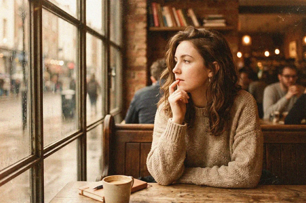 A pensive young woman in a cozy sweater looking out a rainy cafe window, with a coffee and notebook on the table.