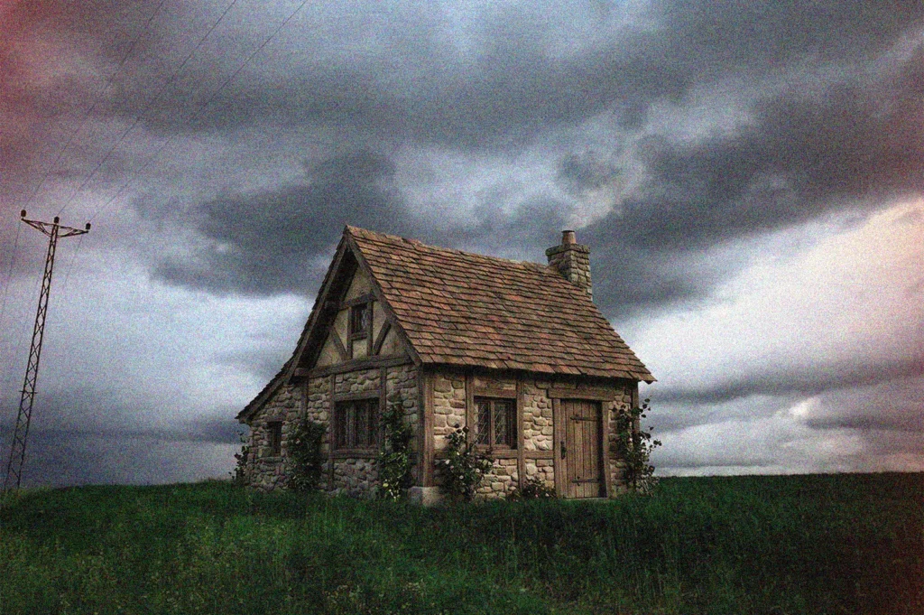 Small stone and timber cottage in a green field under a stormy, overcast sky.