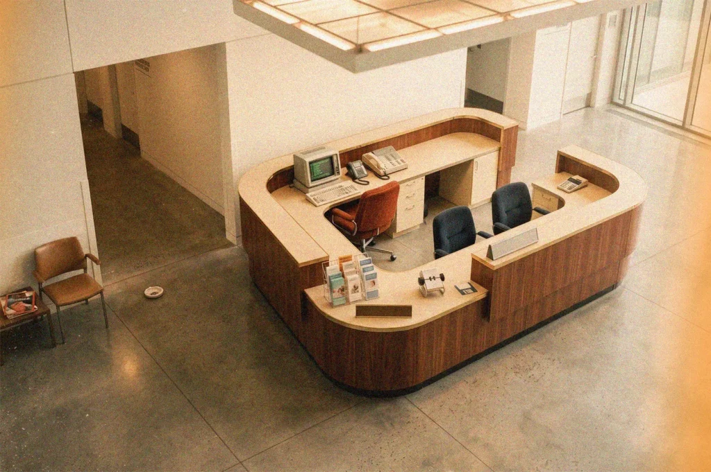 High-angle view of a modern, minimalist reception desk in a clean clinic lobby with polished concrete floors.