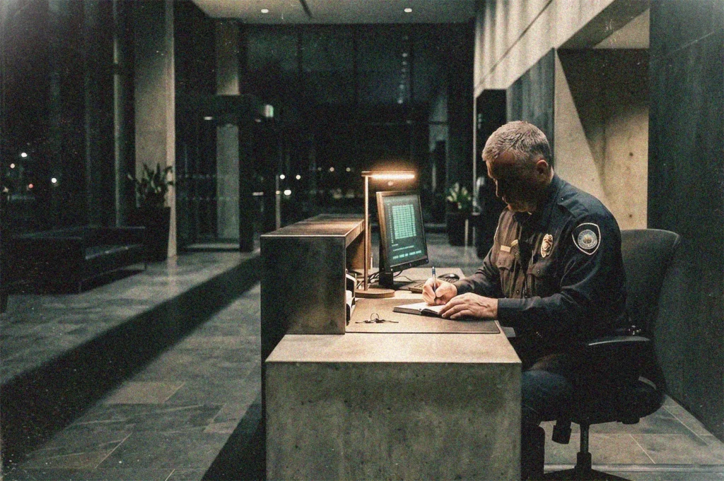 A security officer sitting at a modern concrete desk in a dark building lobby at night, writing under a desk lamp.