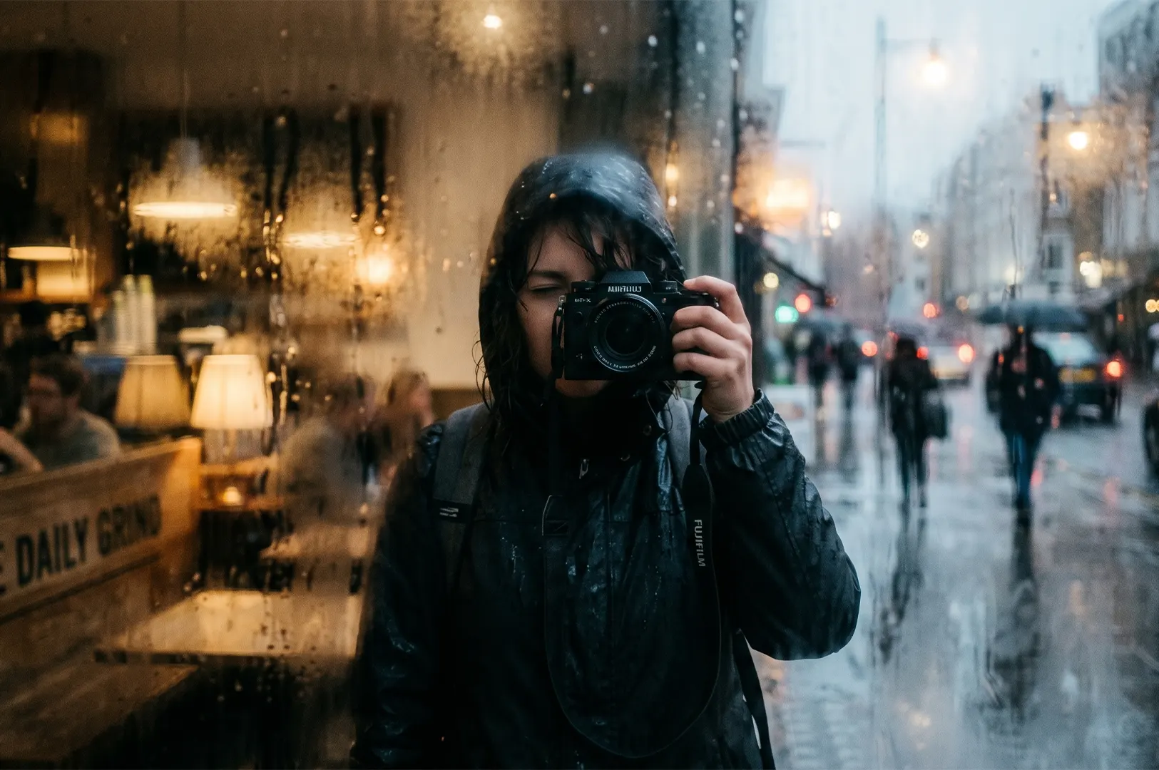 A photographer in a black raincoat takes a picture with a Fujifilm camera on a rainy city street, with blurred café lights reflecting in the background.