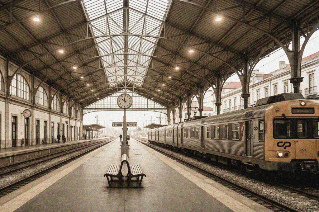 Vintage-style yellow CP train at a European railway station platform under a vaulted glass ceiling.