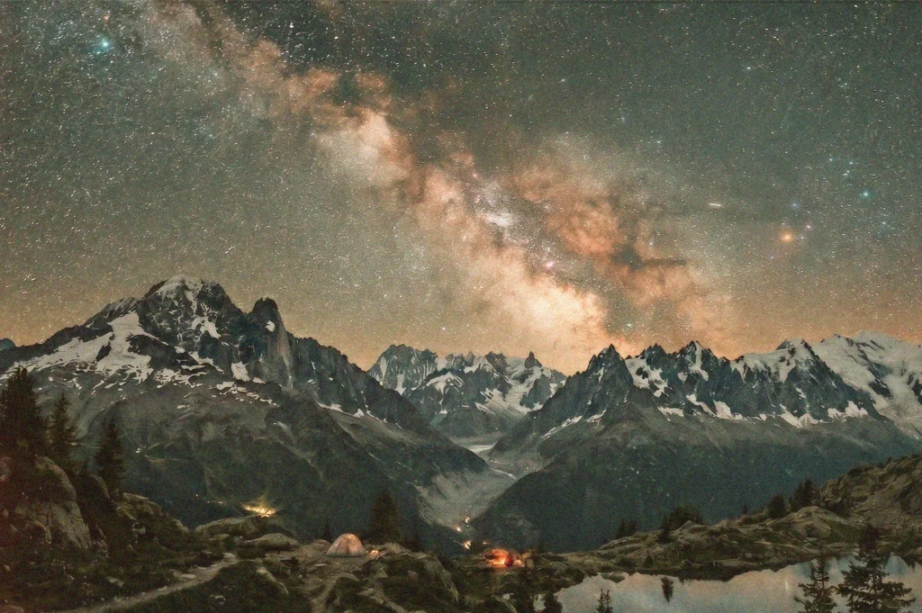 Astrophotography of the vibrant Milky Way galaxy over a snow-dusted mountain range, featuring a lone illuminated camping tent next to an alpine lake.