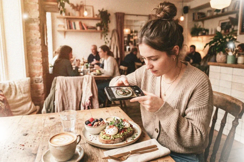 Woman taking a smartphone photo of avocado toast and coffee at a cozy cafe brunch.