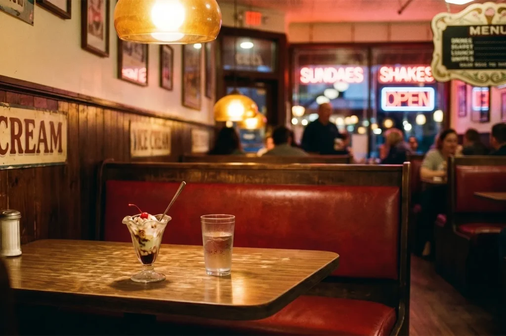 A half-finished ice cream sundae and a glass of water on a wooden table in a retro diner with red booths and neon signs.