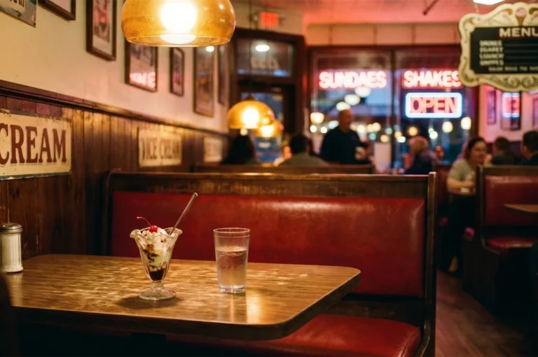 A half-finished ice cream sundae and a glass of water on a wooden table in a retro diner with red booths and neon signs.