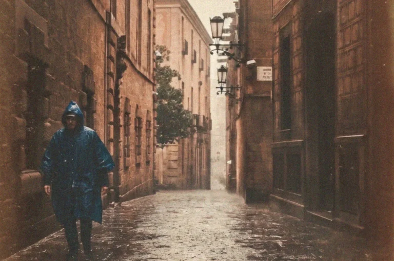 A person wearing a blue hooded raincoat walks down a wet, cobbled European street lined with historic stone buildings on a rainy day.