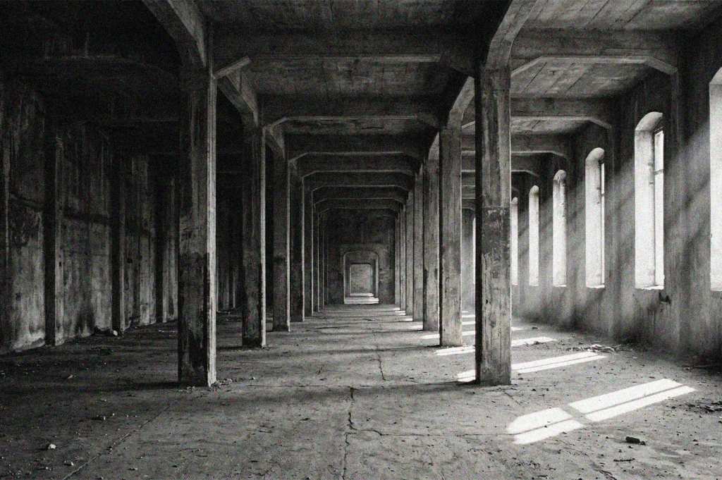 Dramatic black and white photograph of an empty, abandoned concrete hall with light rays streaming through side windows.