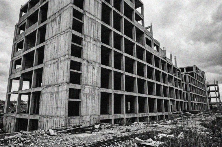 Black and white photograph of an abandoned concrete building skeleton at a brutalist construction site under a cloudy sky.