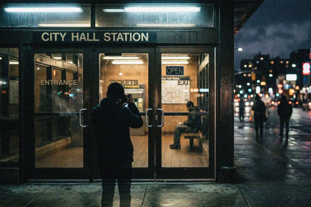 A photographer taking a picture outside the glass doors of a City Hall Station subway entrance on a rainy night.