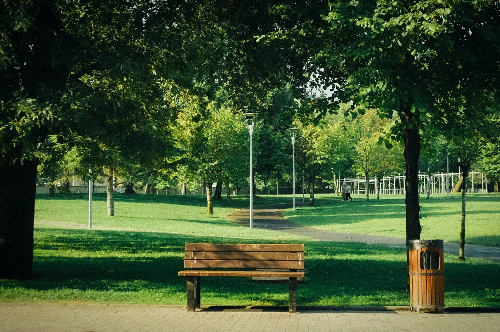 A wooden bench faces a green park with trees, a pathway, street lamps, and a trash can nearby on a sunny day.