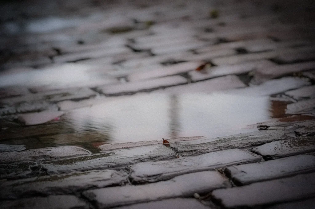 Close-up of rain puddles reflecting light on a wet cobblestone street, capturing the texture and atmosphere of a rainy day in an urban setting.
