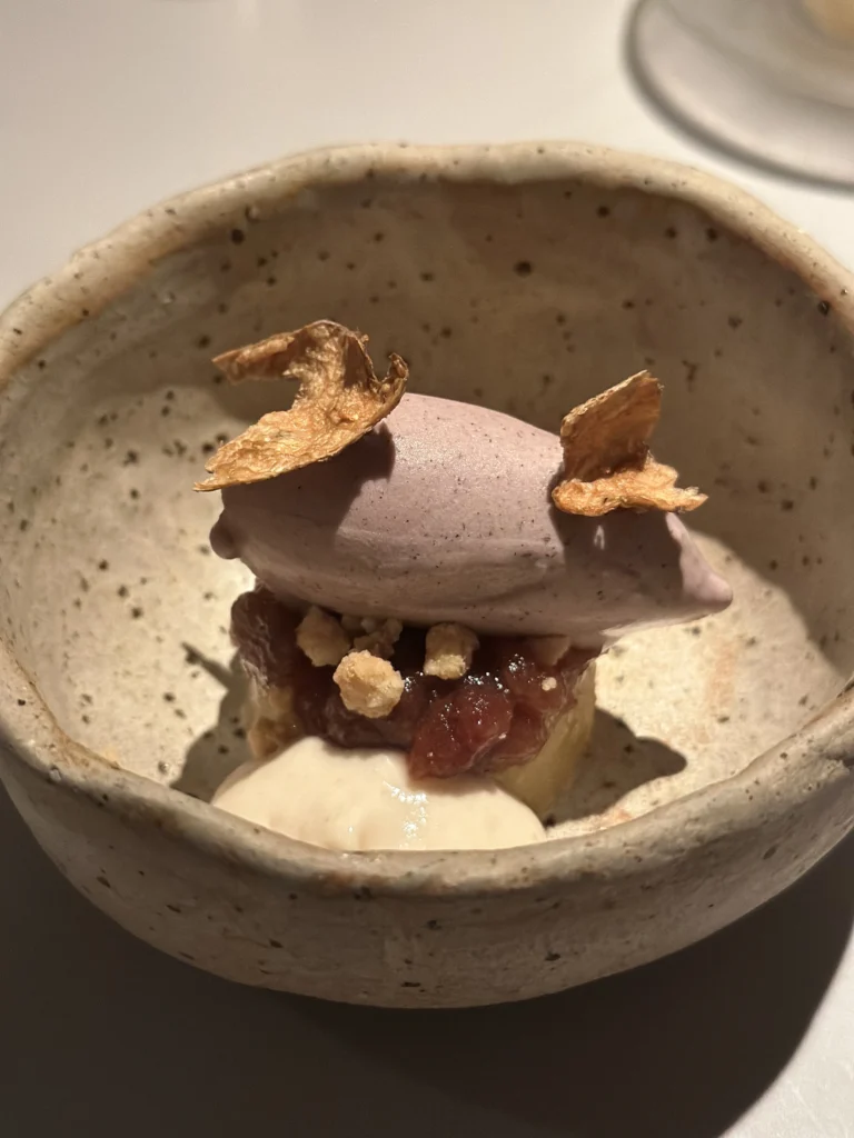 Gourmet taro ice cream dessert with crumbles and crisps at Belimbing restaurant.