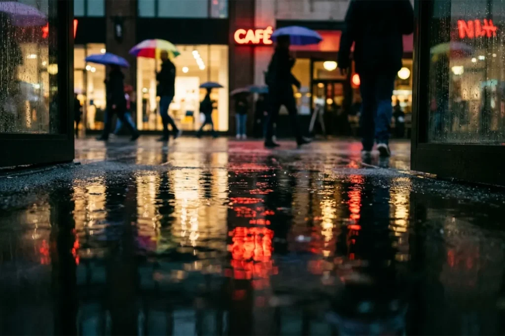 People walking with umbrellas on a rainy city street at night with cafe lights reflecting on the wet pavement.