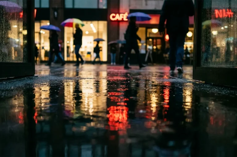 People walking with umbrellas on a rainy city street at night with cafe lights reflecting on the wet pavement.