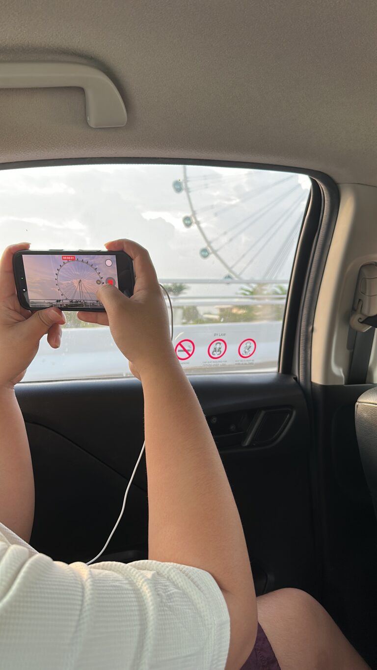 Passenger photographing the Singapore Flyer from a car window, capturing one of Singapore’s iconic attractions during a city sightseeing journey.