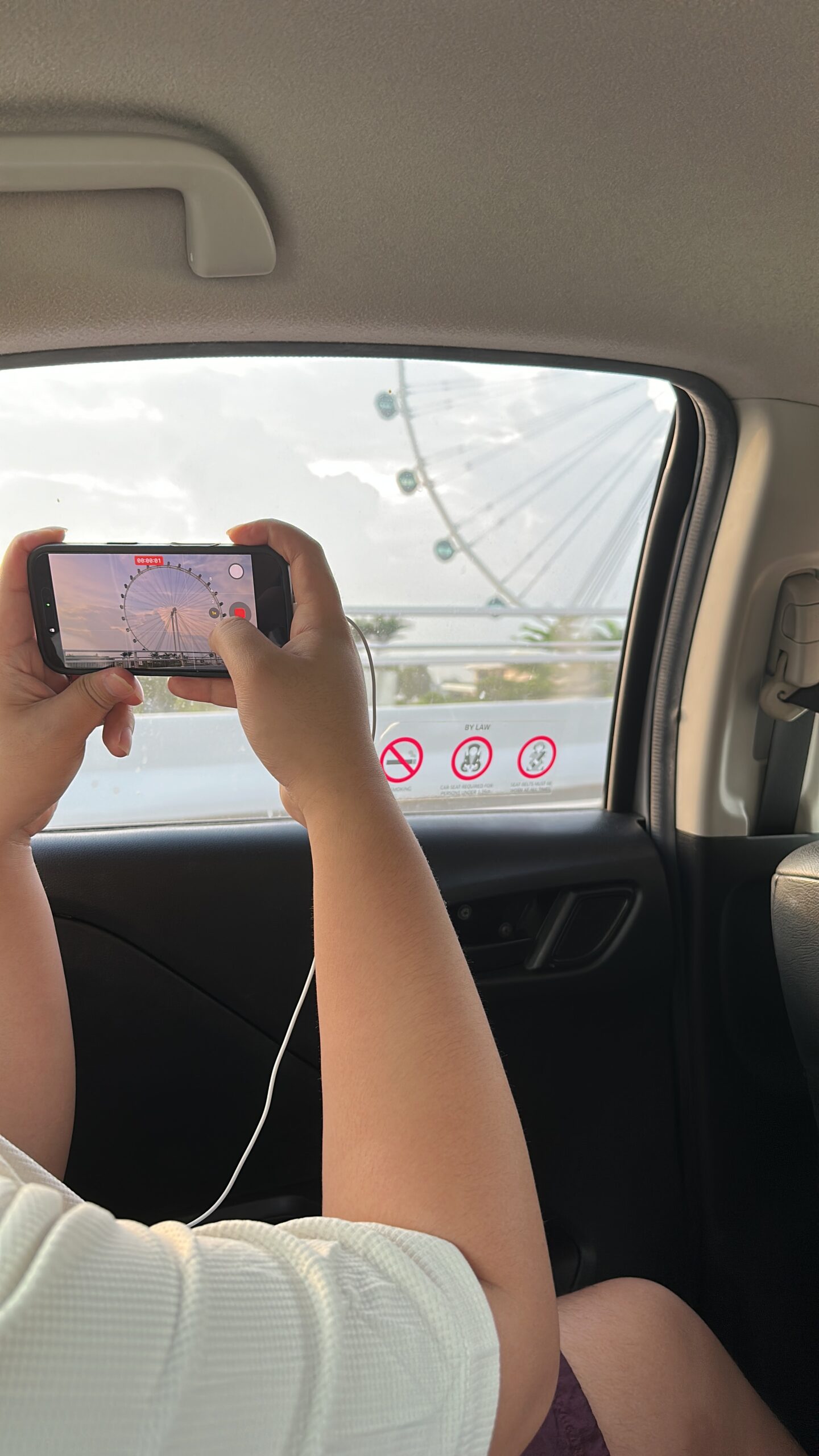Passenger photographing the Singapore Flyer from a car window, capturing one of Singapore’s iconic attractions during a city sightseeing journey.