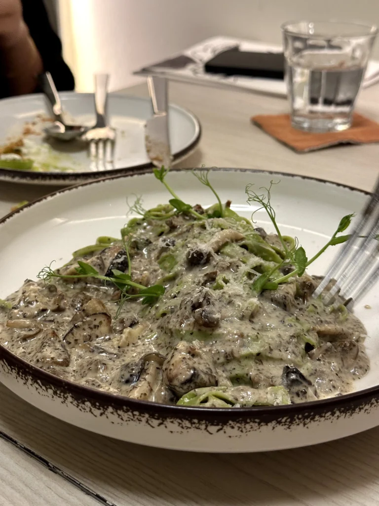 Creamy mushroom pasta with fresh herbs, grated Parmesan, and tender mushrooms served in a rich Italian cream sauce at Bacio Italian Restaurant.